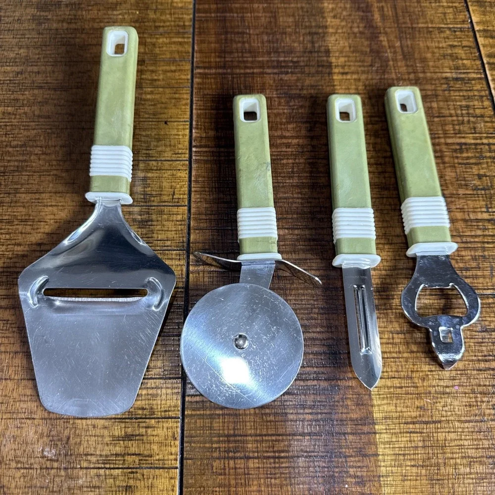 Vtg MCM Olive Green 4pc‎ Pizza Cheese Peeler Opener Stainless Steel Kitchen Ware